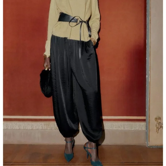 Zara Black Satin Wide-Leg Pants! NWT - Picture 1 of 4